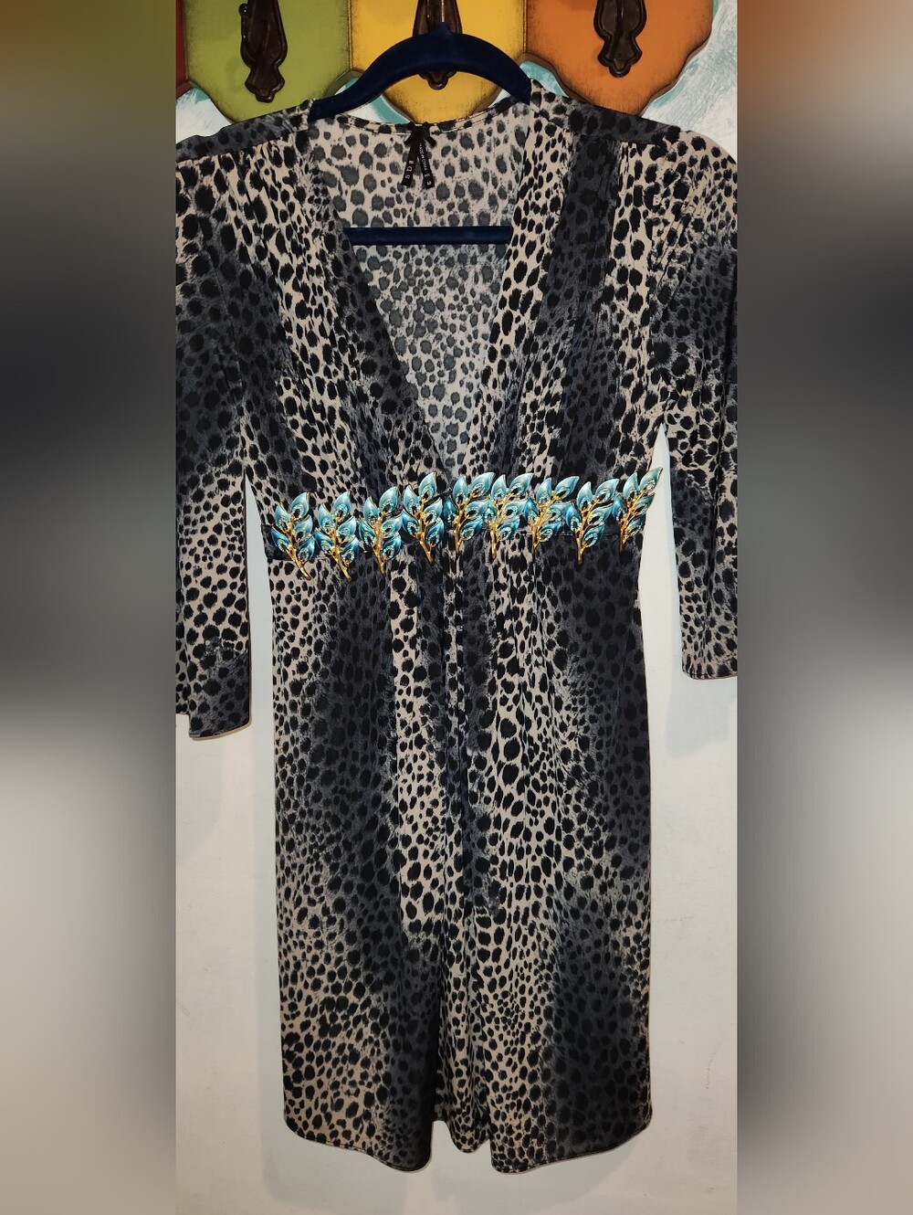 Leopard Print V-Neck Dress Size M, Metal Turquoise Waist Accent